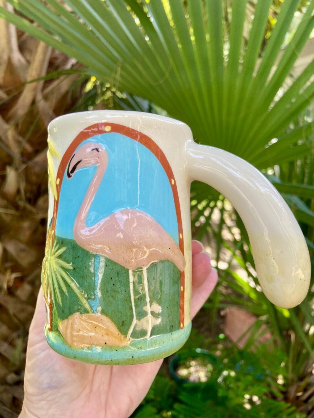 Flamingo Palm Tree Shell Coffee Mug Vintage Tropical 3 D Handmade Ceramic Cup